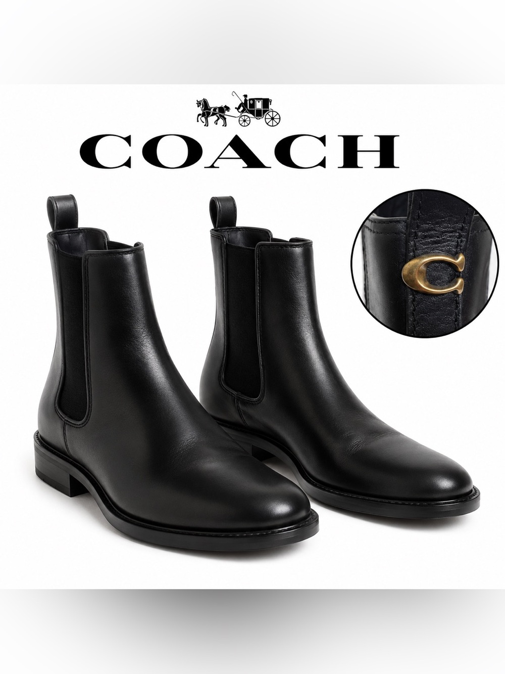 Coach Men’s Black Leather Chelsea Boots C Hardware Pull Tab US 8